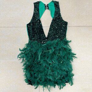 Deep Green Sequin Bodice & Feather Skirt Dress